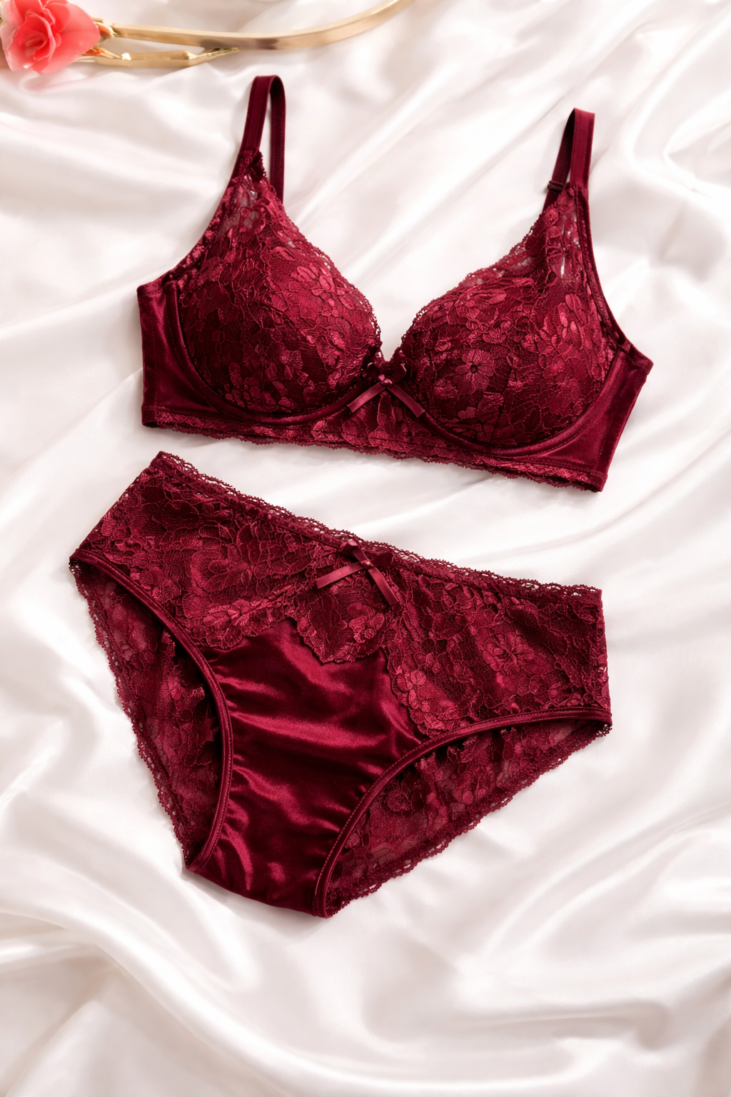 Luxury Burgundy Lace Lingerie Set for Women | Soft Padded Bra & Matching Panty | Elegant & Comfortable Nightwear
