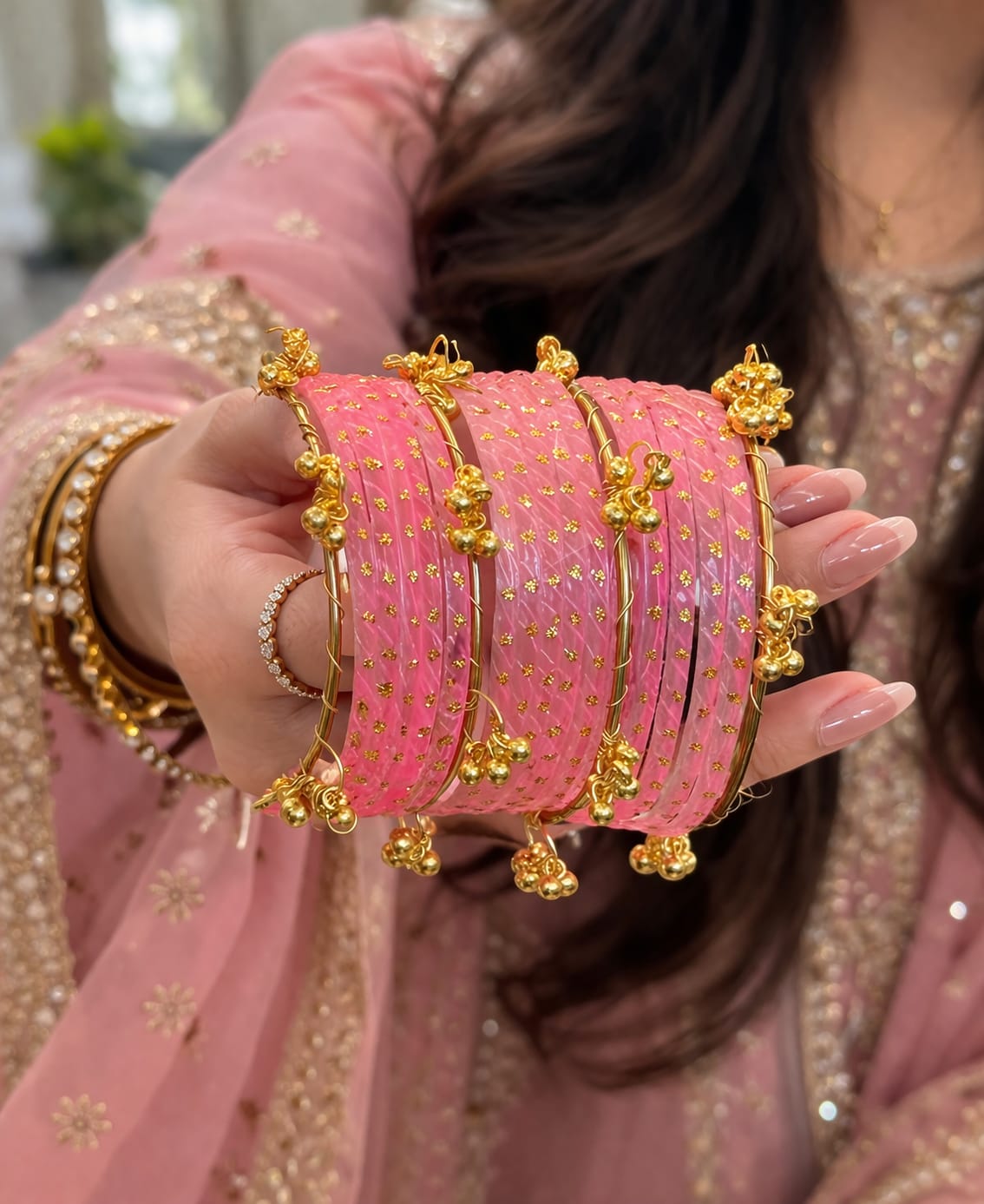 Kashmiri Bridal Chooriyan Set – Pink & Gold Traditional Bangles with Ghungroo | Wedding & Mehndi Jewelry