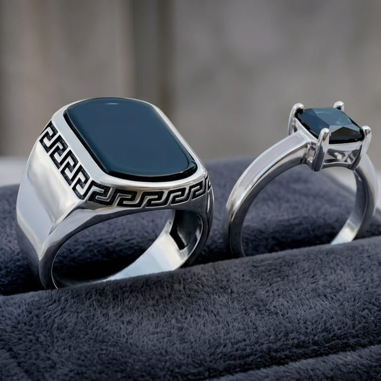 Two silver rings with blue stones on a dark surface
