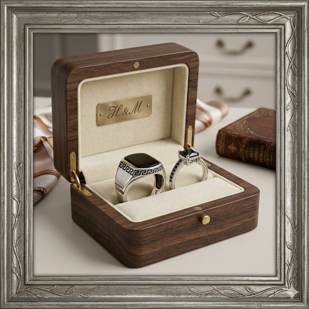 Wooden jewelry box with two rings inside, branded 'H&M', on a neutral background.