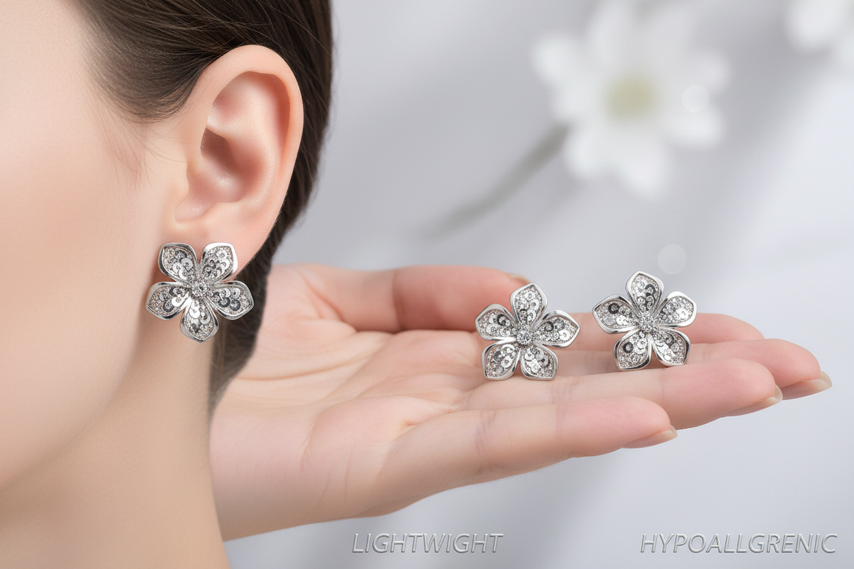 Luxury Silver Floral Earrings – Sparkling Stainless Steel Studs for Women